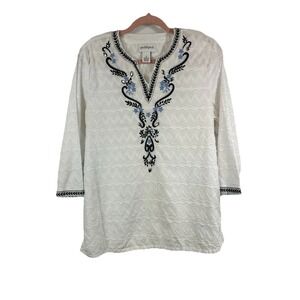 Peck & Peck White Cotton Tunic Top M Embroidered Sequin Boho Beach Resort Wear